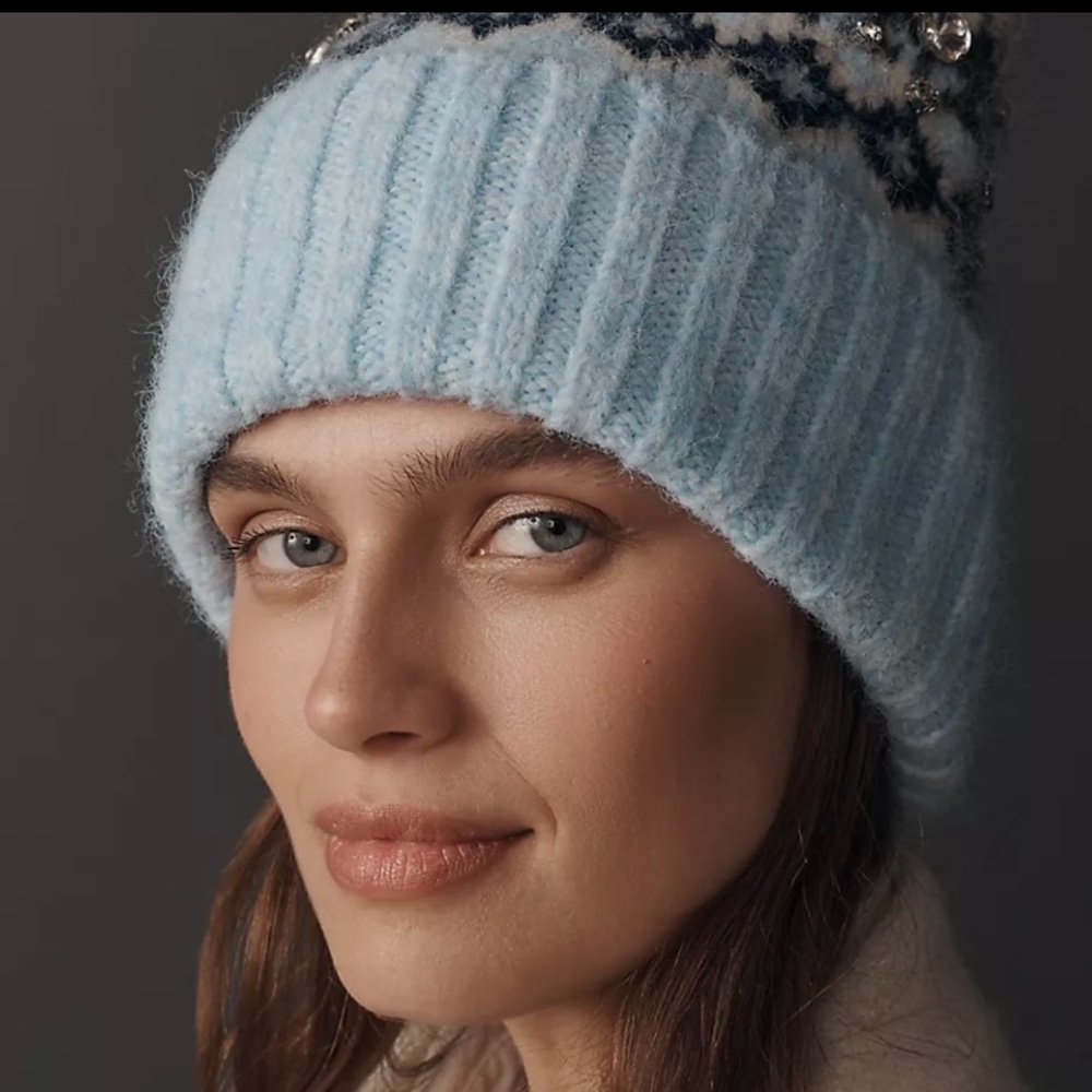 Anthropology Embellished Fairisle Beanie.  Blue Knit Beanie - Picture 3 of 3